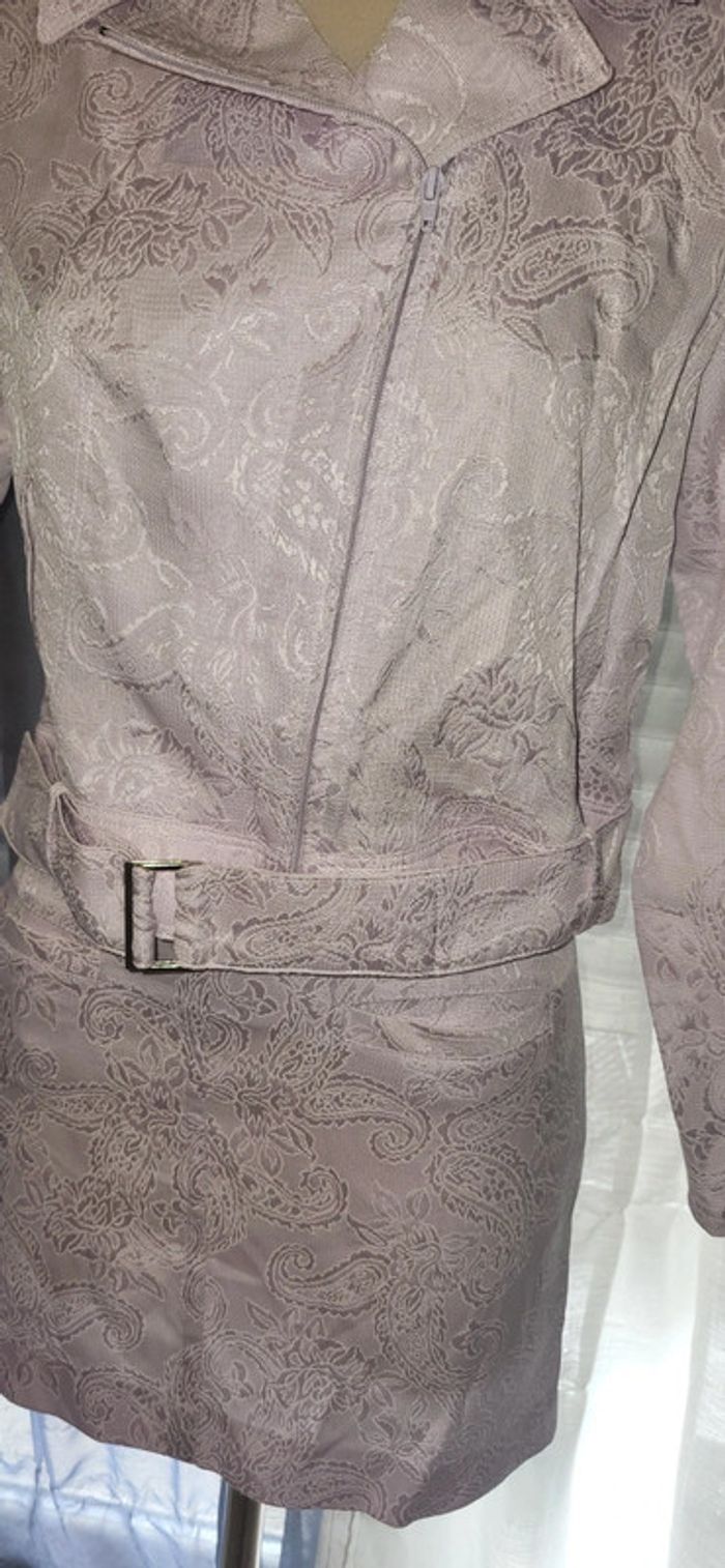 💜 ensemble veste et jupe style perfecto ceinturée effet jacquard lilas - photo numéro 4