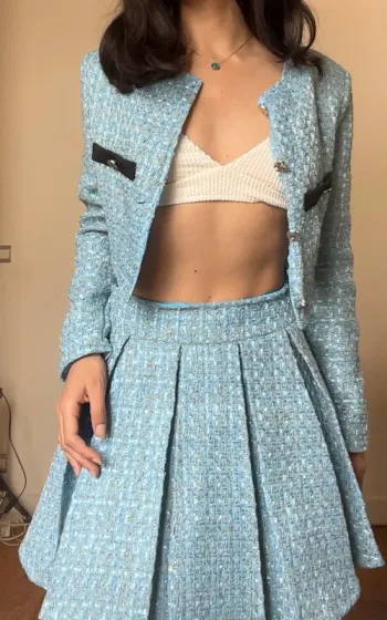 Superbe ensemble veste manches longues et Jupe à carreau élégant en tweed