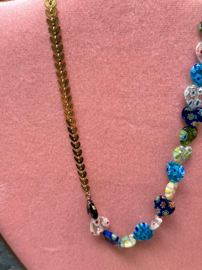 Collier réglable mi perles cœurs couleurs mi acier inoxydable or V - photo numéro 2