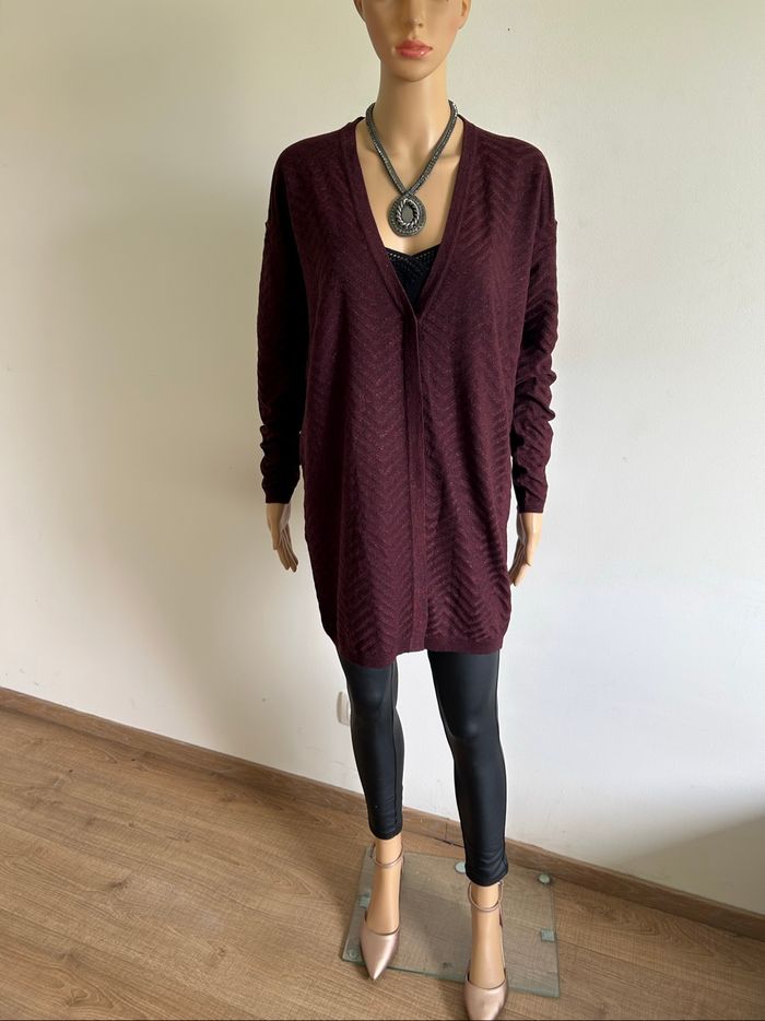 Cardigan bordeaux pailleté mi long Season taille S jamais porté - photo numéro 3