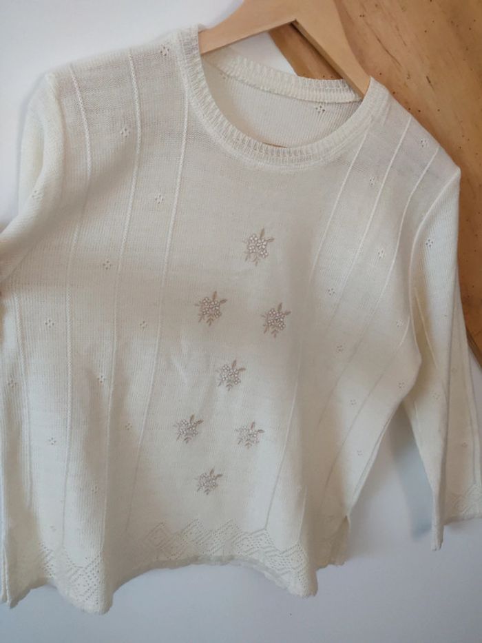 Haut années 70 100 % acrylique crème broderie - photo numéro 4