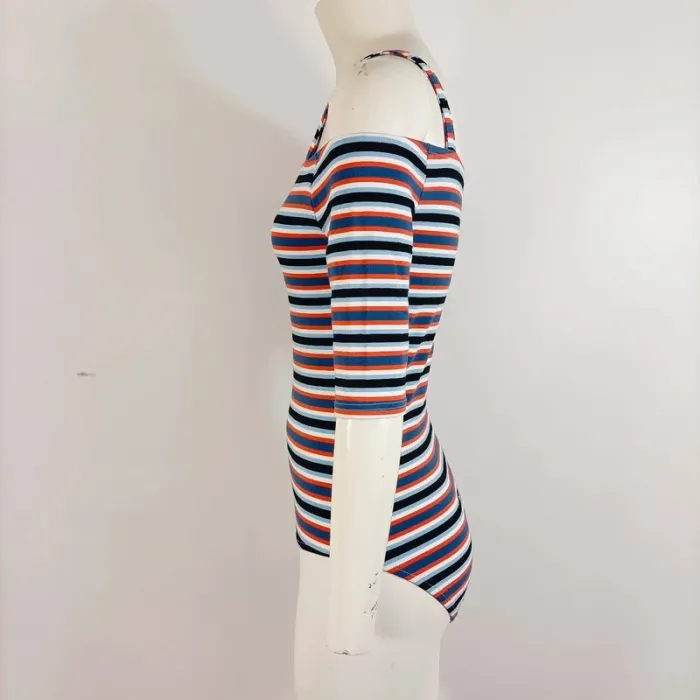 Body à rayures épaules dénudées multicolore bleu blanc orange style marin épaules nues taille S A551 - photo numéro 3
