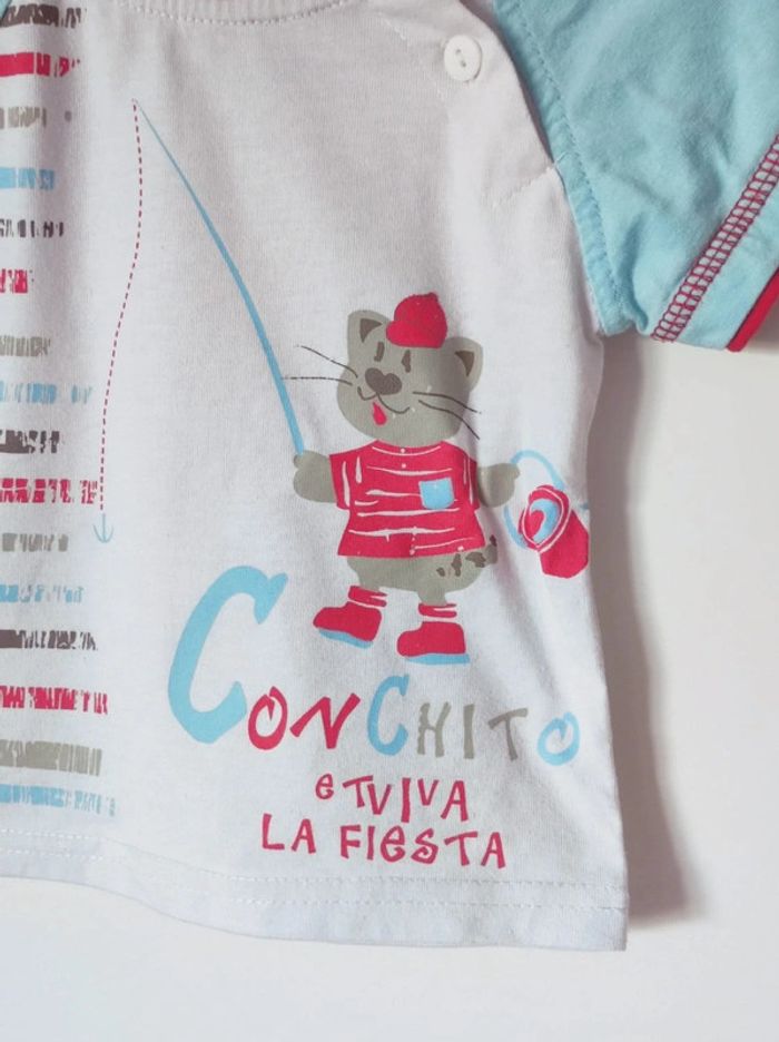 Tee-shirt bleu ciel blanc rouge chat / Tom & Kiddy - 12 mois - photo numéro 2