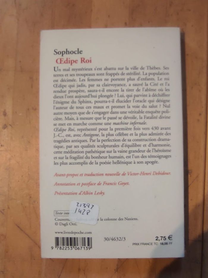 Œdipe Roi Sophocle Livre de Poche 2002 - photo numéro 3