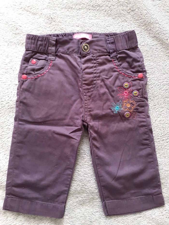 Pantalon fille 6 mois violet broderies multicolores