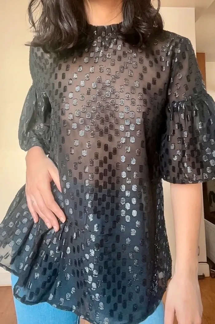magnifique blouse noire transparente manches courtes à volants à pois S - photo numéro 2
