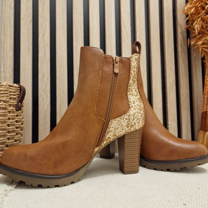 Bottines camel paillettes gold talons - photo numéro 2