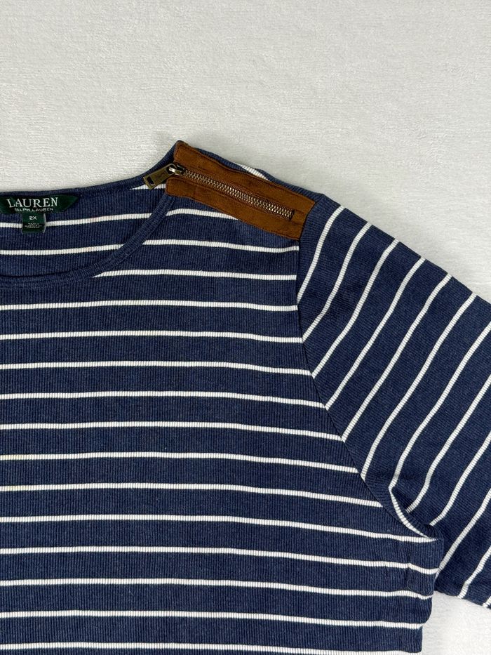 Top T-shirt manches longues marinière Ralph Lauren femme 2X ( 2XL ) bleu marine blanc 100% coton - photo numéro 3