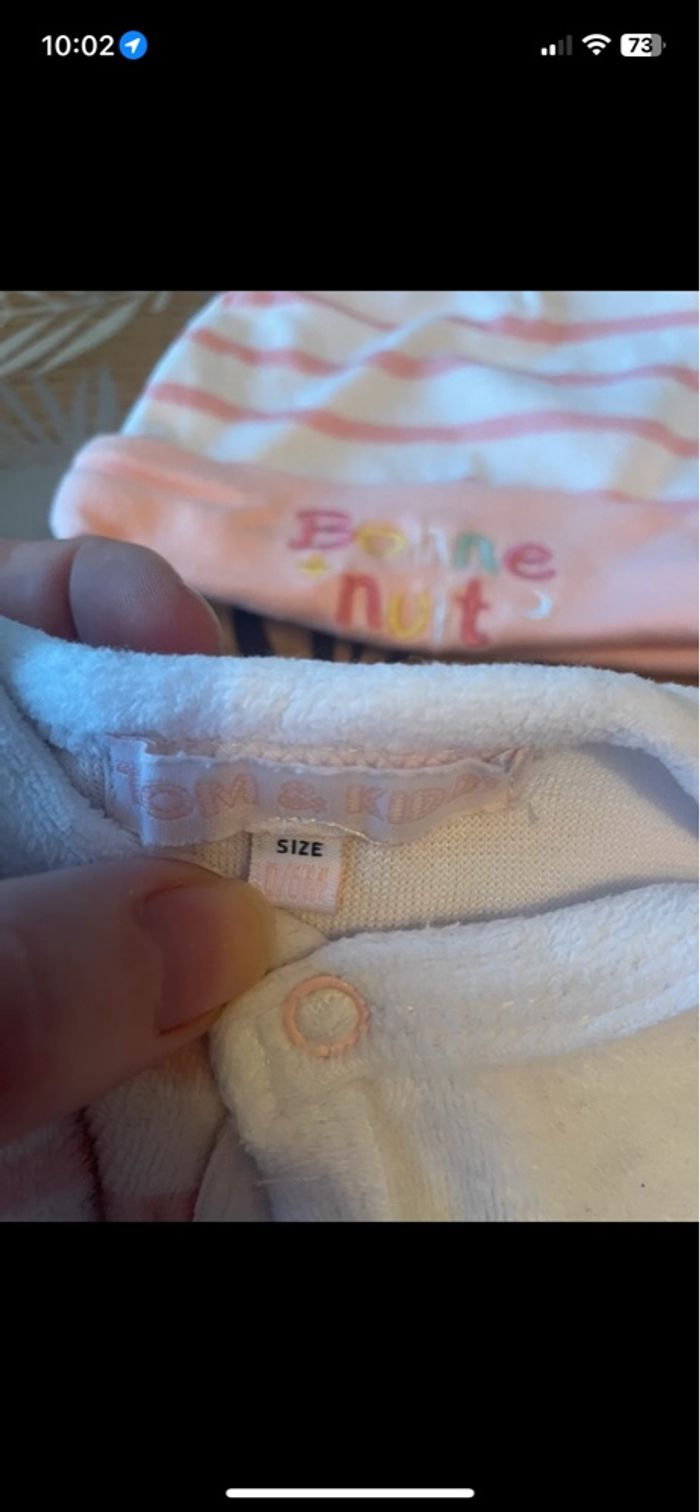 Pyjama d’hiver à pressions avant blanc à rayures roses + bonnet bb 0/6 mois - photo numéro 6