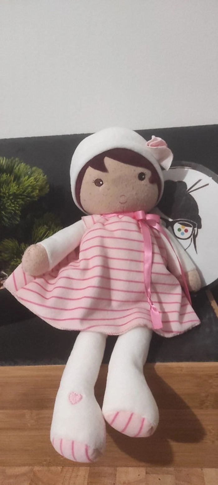 Doudou poupée blanc rose rayé coeurs peluche kaloo bonnet