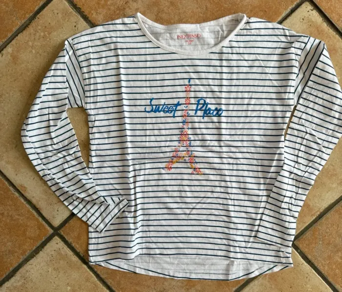T-shirt manches longues rayures bleu et blanc motif Tour Eiffel taille 10 ans in extenso neuf