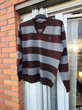 Pull col V taille L GANT marron et gris à rayures