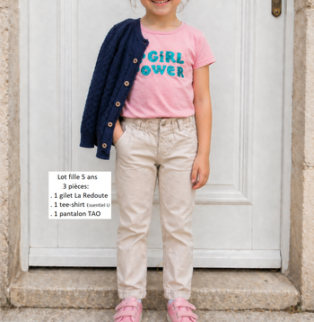 Lot fille (3 pièces) - 5 ans : Gilet La Redoute marine-Pantalon TAO beige-Tee-shirt Essentiel U rose