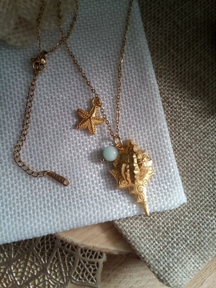 Collier coquillage et pierre de larimar naturelle - photo numéro 2