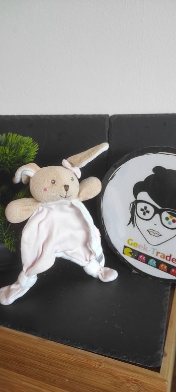 Baby'Nat Coton bio Doudou Attache-sucette lapin rose bn0580 blanc marron noeud