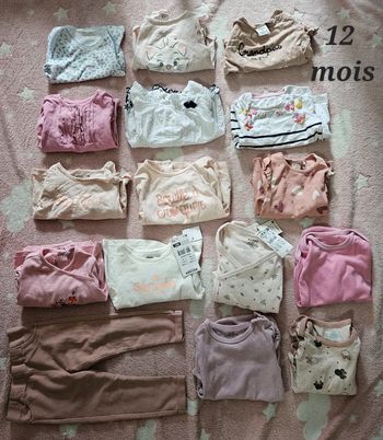 Gros lot de 16 vêtements 12 mois / 1 an. 1 pantalon, 11 tee-shirts et 4 bodies. Zara, Disney, H&M..