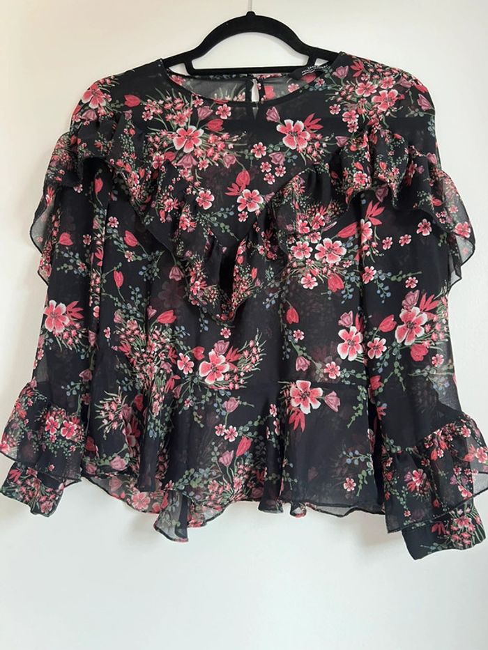 Blouse Zara noire à fleurs et volants taille S - photo numéro 5