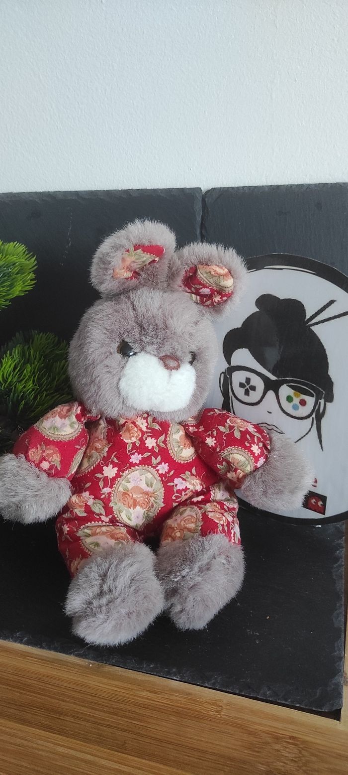 Doudou Peluche Lapin Vintage Marron Beige Corps Tissu Rouge Gris Fleurs CP Blanc