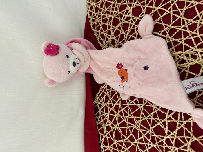 Pommette doudou ours rose mouchoir violet fleur oiseau - photo numéro 4