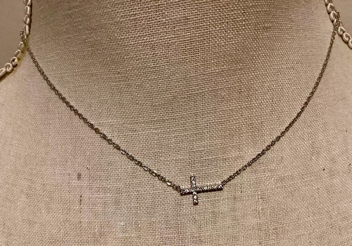 Collier réglable acier inoxydable argent croix horizontale zircons neuf - photo numéro 2