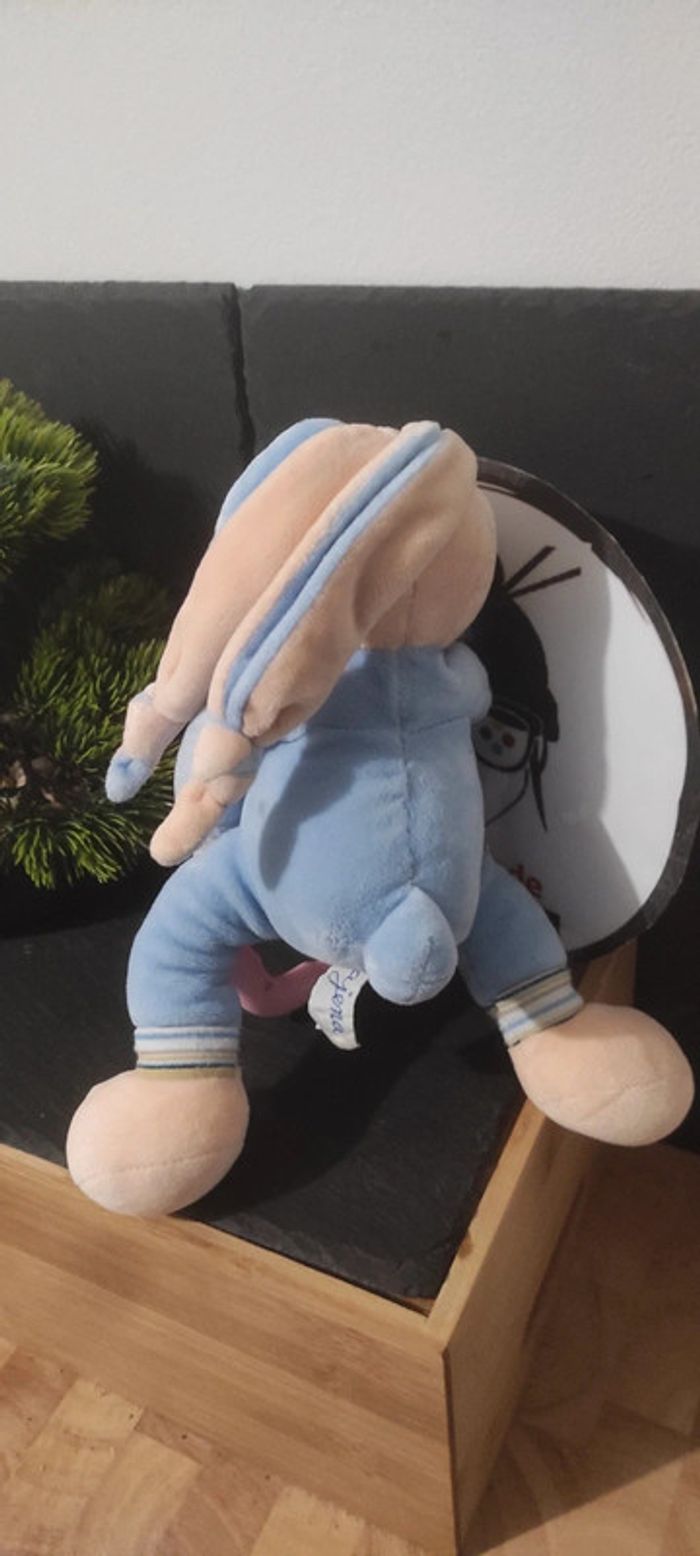 doudou peluche lapin bleu ajena pomme marron beige bébé rayure rayé Noeud rose - photo numéro 2