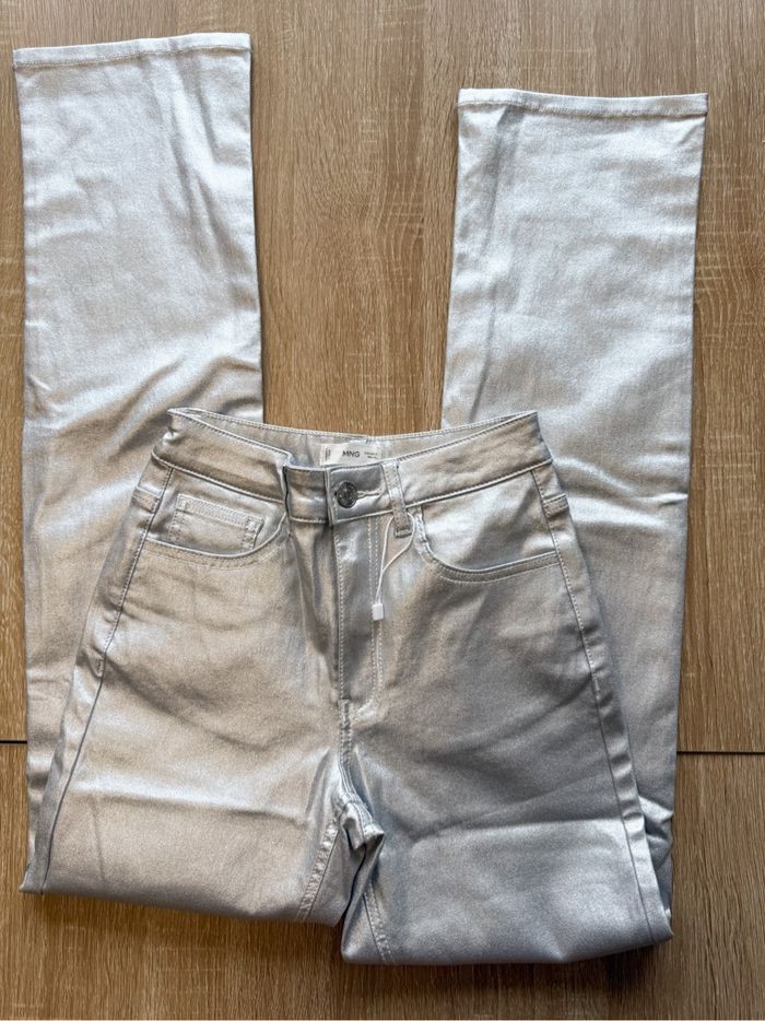 Pantalon taille haute luisant argente brillant MNG taille 36 S - photo numéro 2