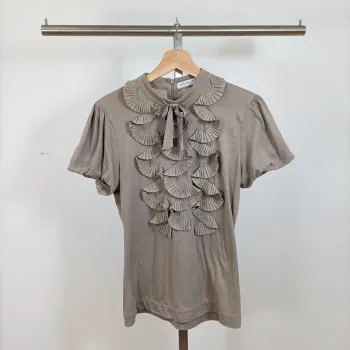 T-shirt taupe col plissé nœud froufrous Zara Collection – taille L A1006