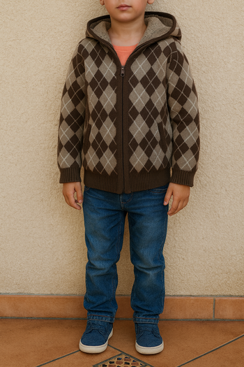 Gilet garçon à capuche motif losanges – doublure chaude – 6 ans