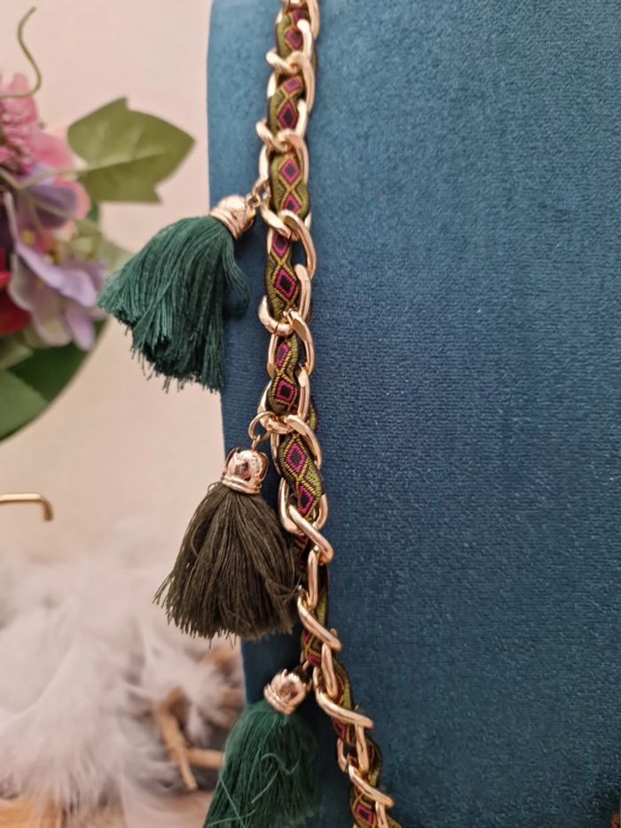 Collier Sautoir Boheme Doré Pompons Verts Ruban Multicolore - photo numéro 7