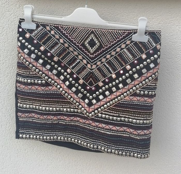 Mini-jupe ethnique bijoux broderie noir rose argenté Taille L Pimki - photo numéro 8
