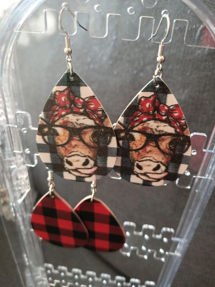 Boucles d'oreilles vache rétro carreaux - photo numéro 4