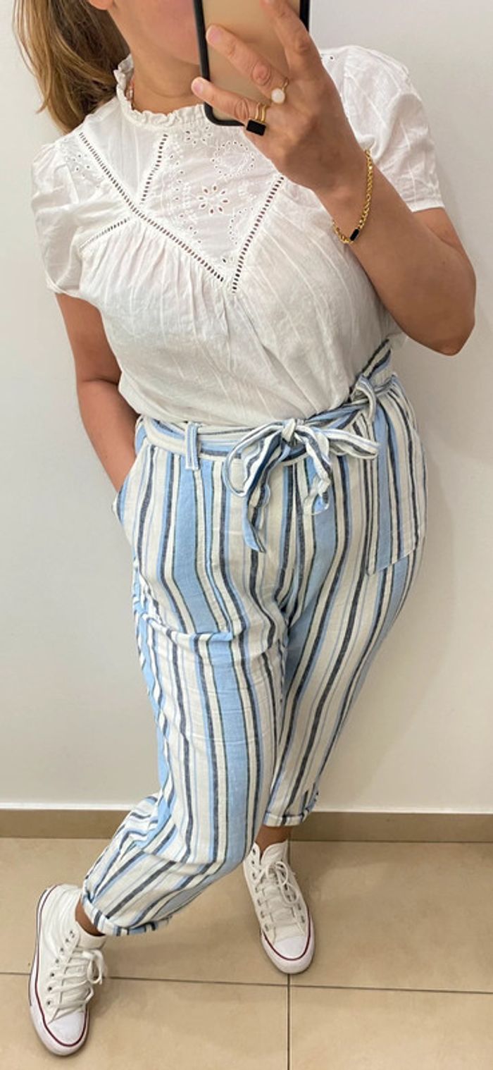 Pantalon À Rayures Avec Ceinture À Nouer Taille L - photo numéro 3