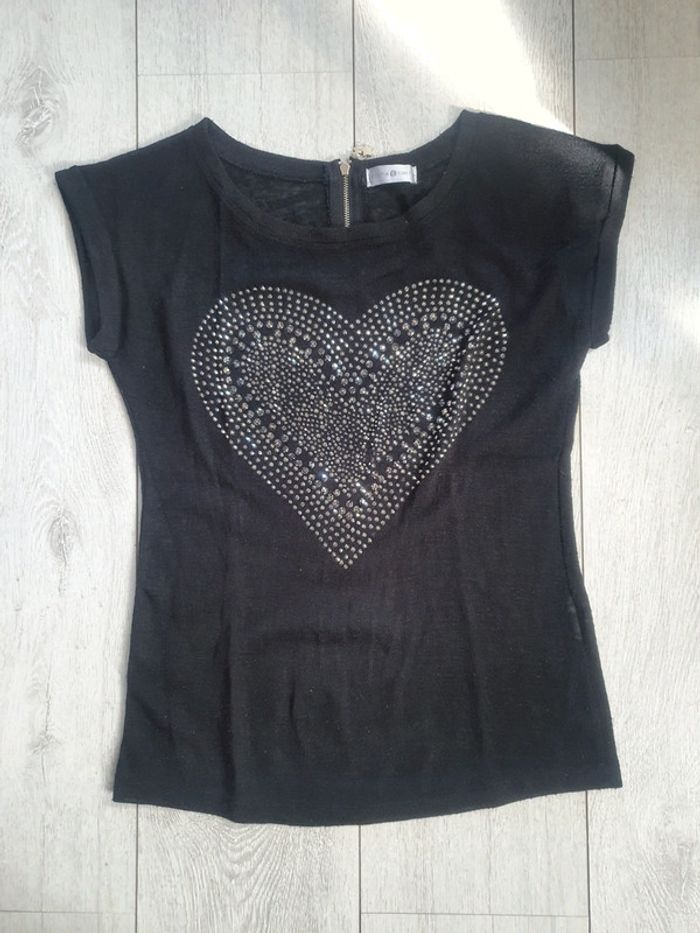 T shirt Noir Coeur Strass