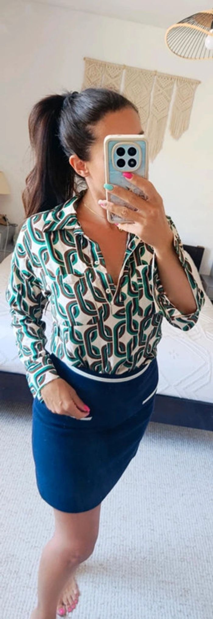 Blouse chemisier Mango XS beige vert motifs 70's vintage manches longues légères - photo numéro 3
