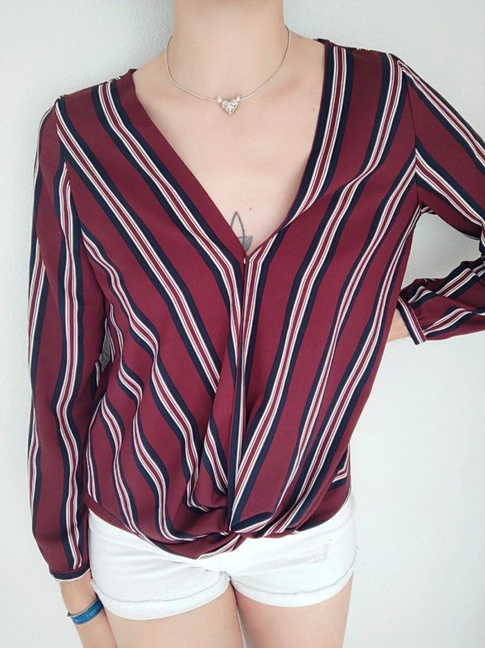 Blouse col V rayé bordeaux bleu marine blanc / Pimkie Collection - 36/S - photo numéro 5