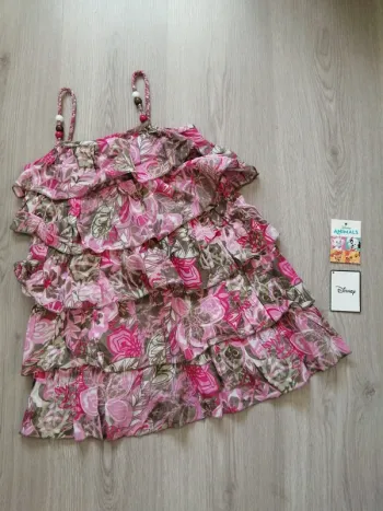 Tunique kaki et rose à volants avec motifs fleurs / in extenso / (10ans)
