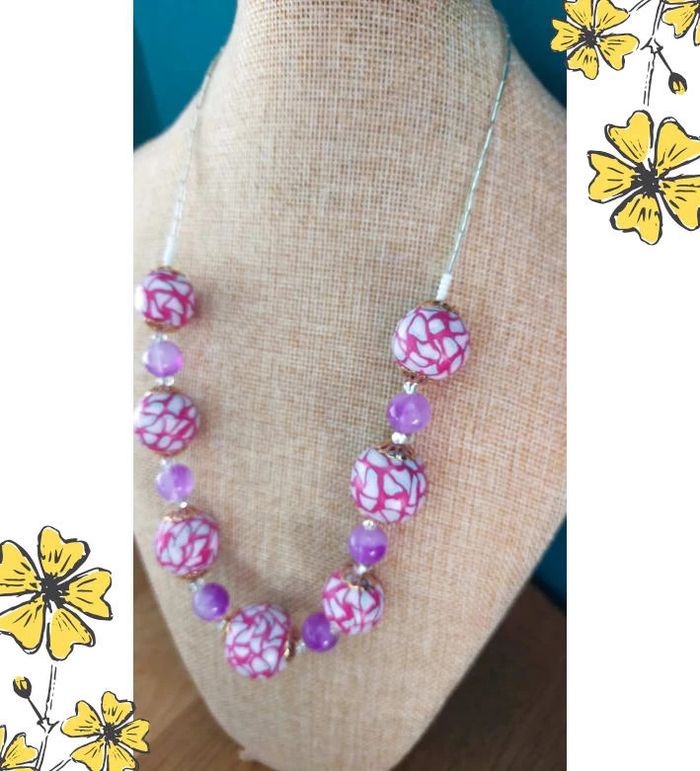 Collier vintage fait main – Perles roses en polymère & perles violettes – Collection Nuances de Rose - photo numéro 12