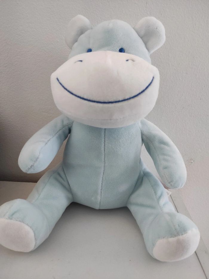Doudou peluche nounours Hippopotame Bleu Blanc Tom et Kiddy