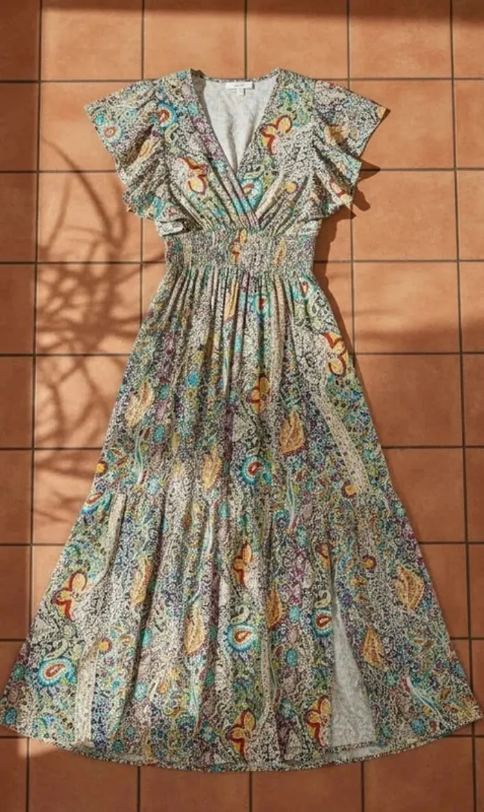 Robe longue bohème imprimée, sans manches, taille L, fluide chic rétro été