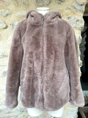 Mango - Manteau veste courte beige à capuche fausse fourrure synthétique hiver