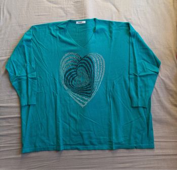 Pull bleu canard avec cœur strass, M&V, Taille L/XL