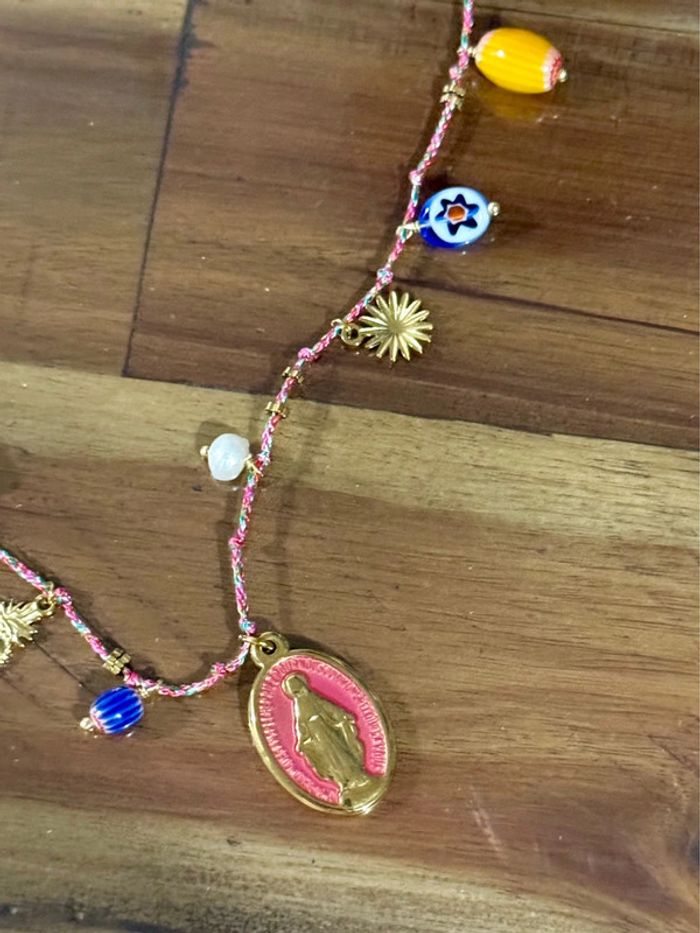 Collier sautoir habaha Paris cordon tressé pampilles perles cœur médaille vierge - photo numéro 2