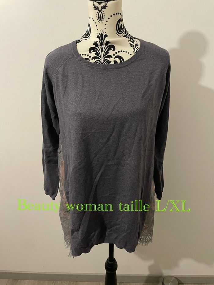 Pull long gris à manches longues dos dentelle doublure rose beauty woman taille L / XL