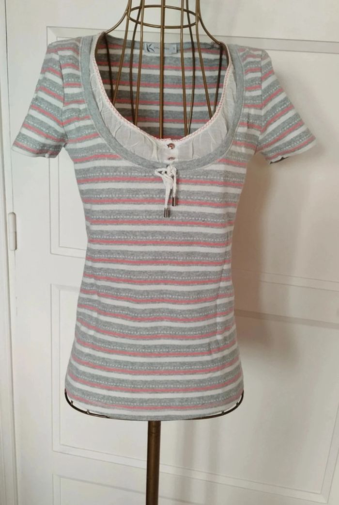 Tee-shirt femme rayé gris blanc rose – Taille S – Très bon état