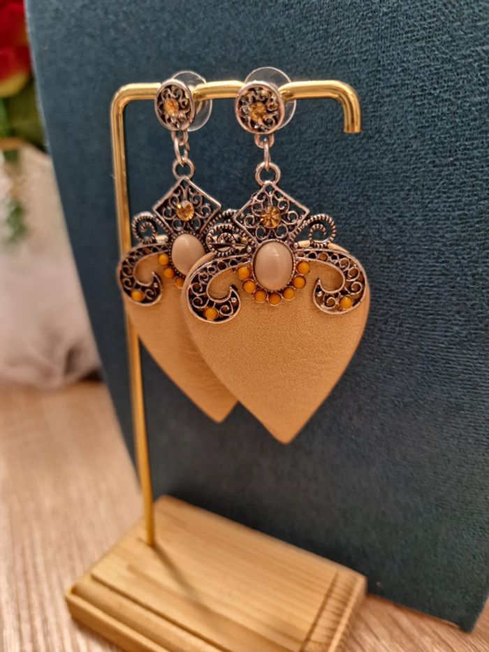 Boucles D'oreilles Boheme Cuirs Beige - photo numéro 4