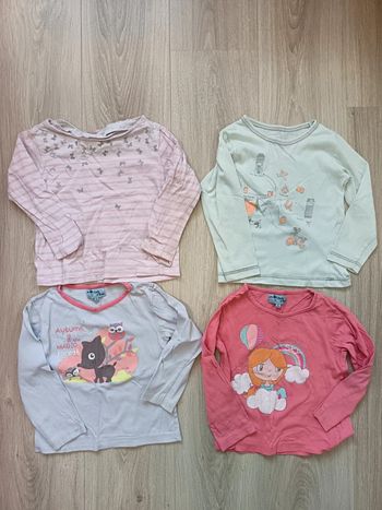 Lot 4 t-shirts manches longues fille 4 ans rose vert d'eau biche hibou pairs cœur