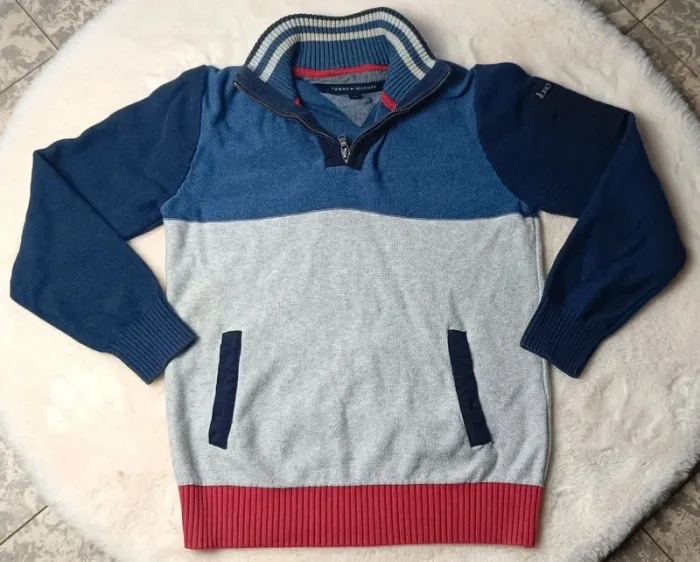 Pull Tommy Hilfiger homme col zippé bleu gris rouge style sport taille S - photo numéro 2