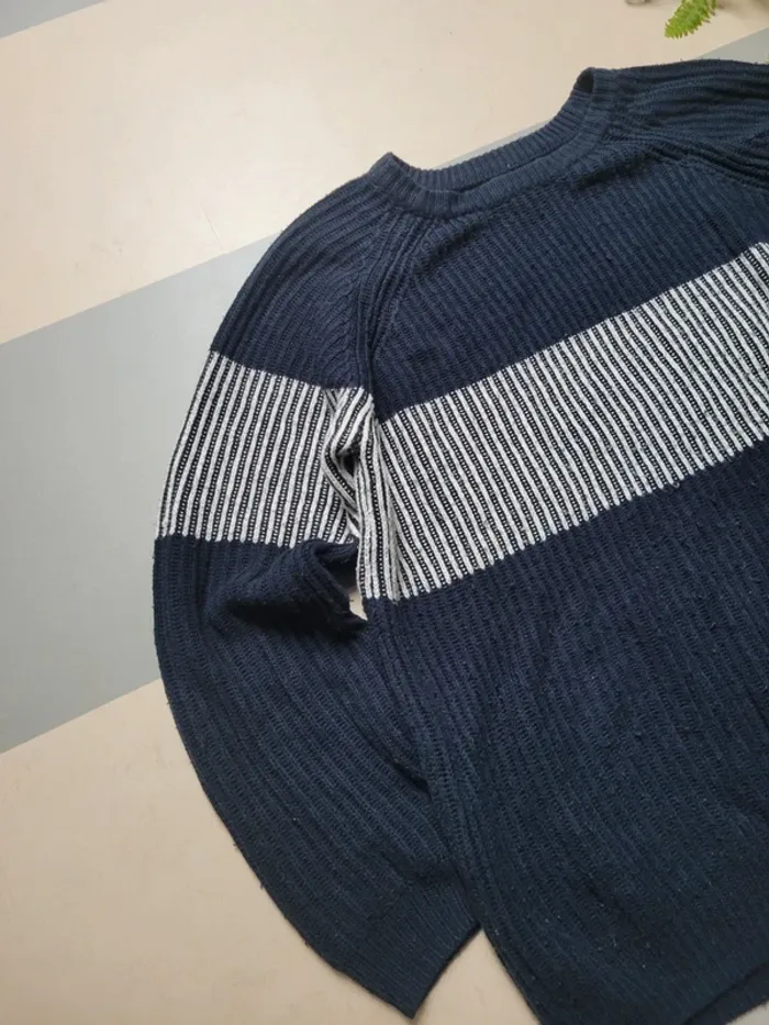 Pull sweat knit en maille pull&bear bleu marine blanc taille M - photo numéro 5