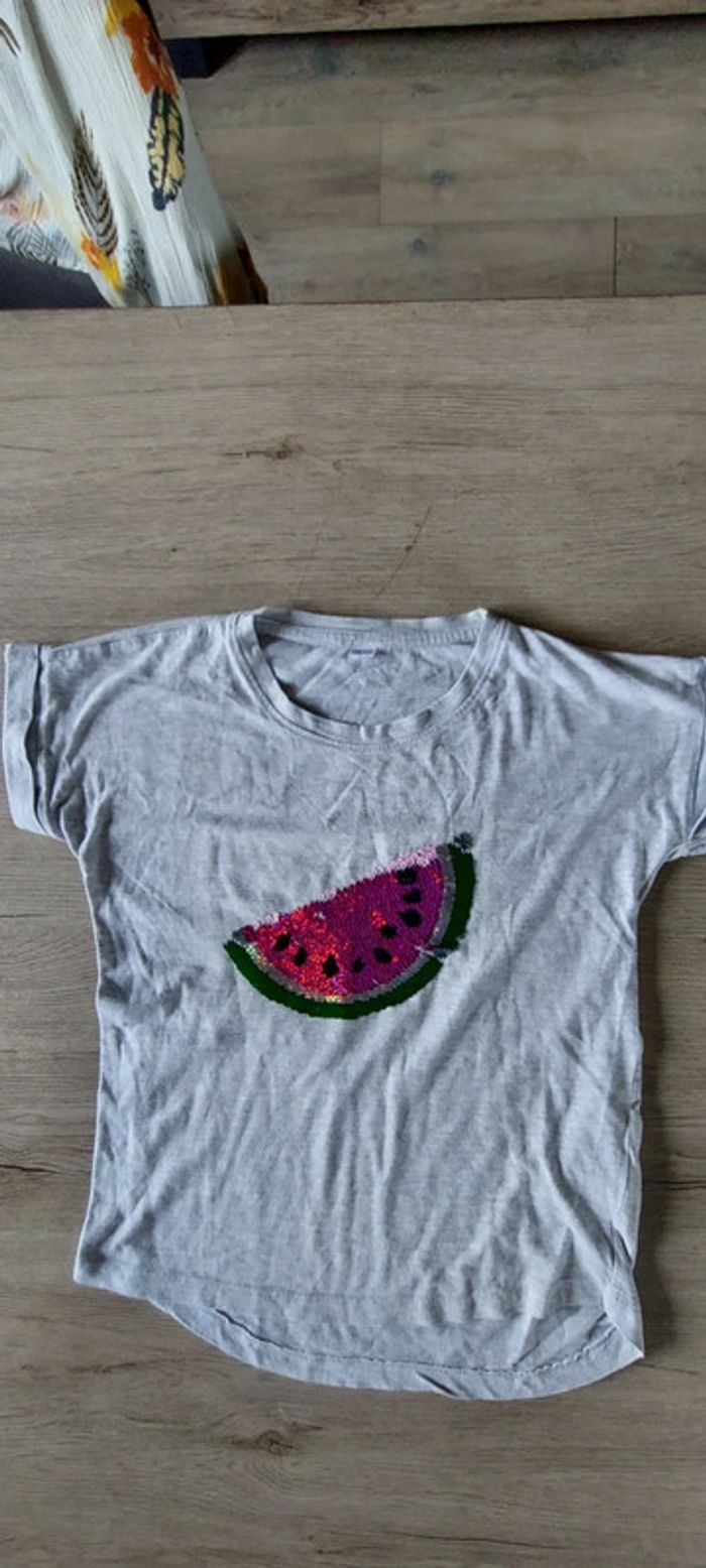 T shirt gris, manches courtes, avec dessin en sequin, 146/153 - photo numéro 5