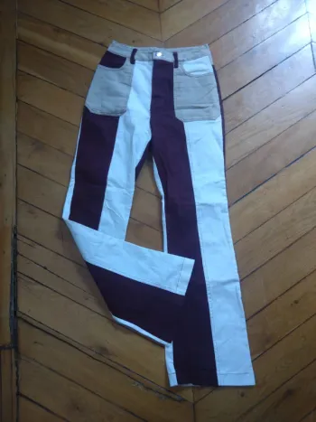 Pantalon Flare patchwork hippie 70’s T34 – style rétro Woodstock marron/blanc/beige